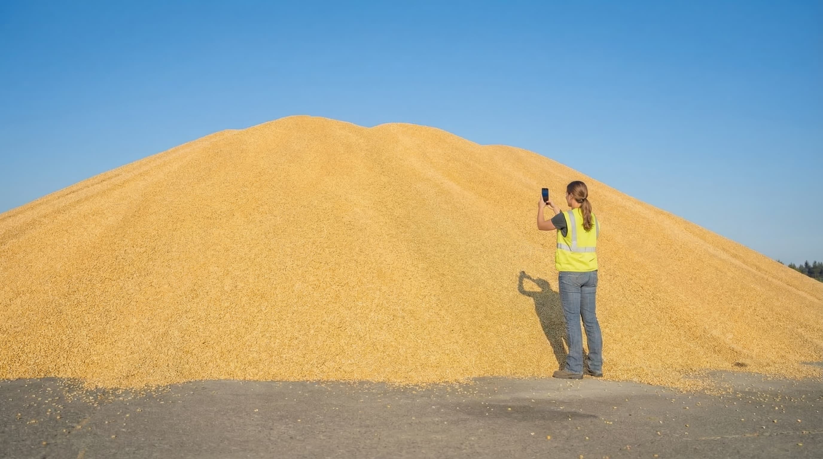 Worker scanning a grain pile with a smartphone