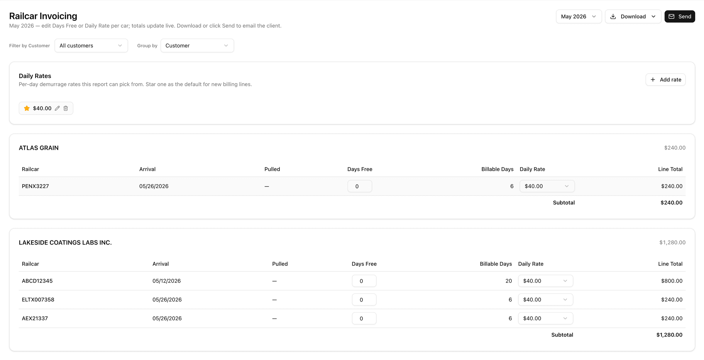 Rebulk billing and demurrage screen showing per-car charges ready to invoice