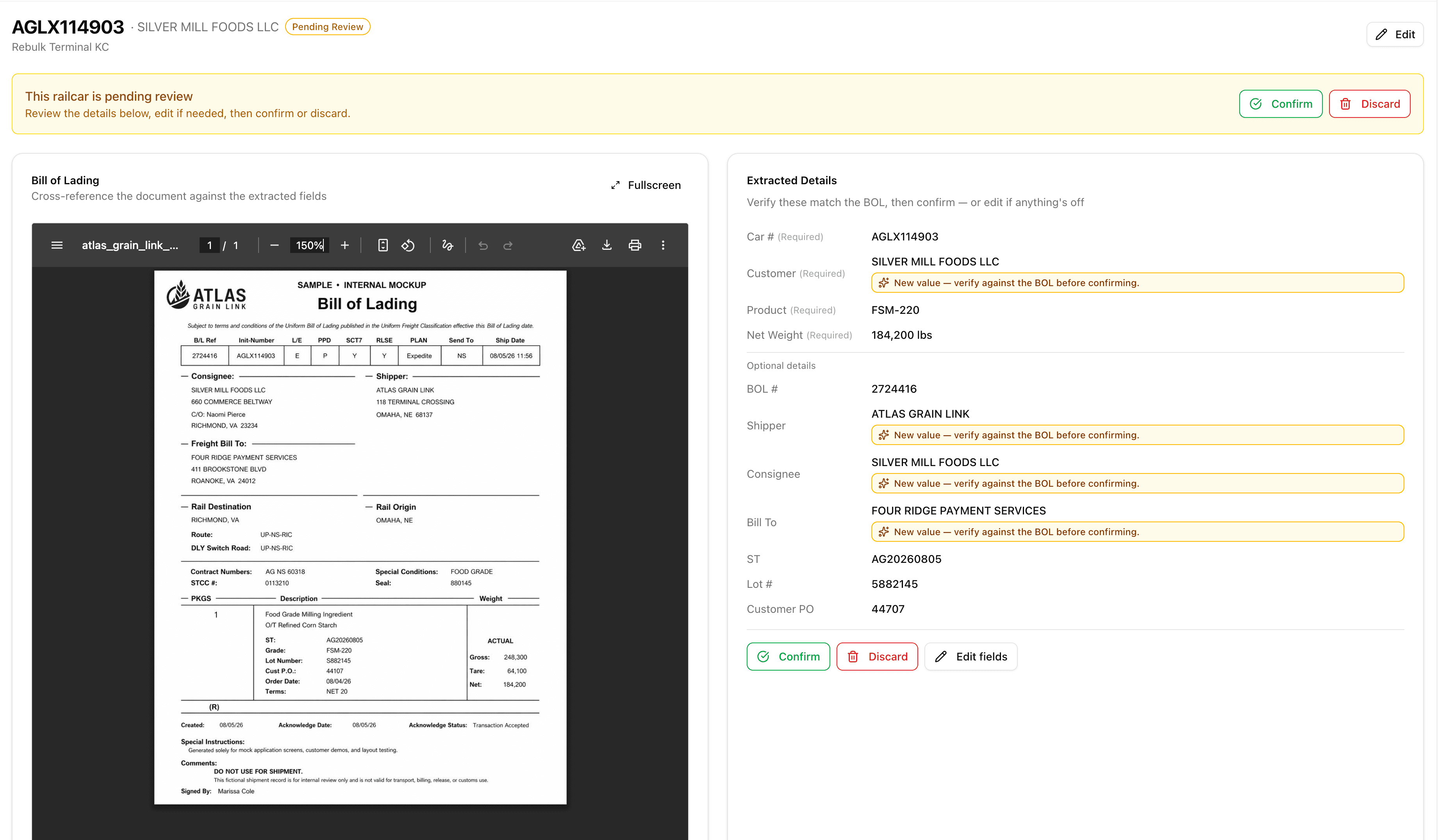 Rebulk AI extracting railcar numbers, weights, and customers from a scanned BOL