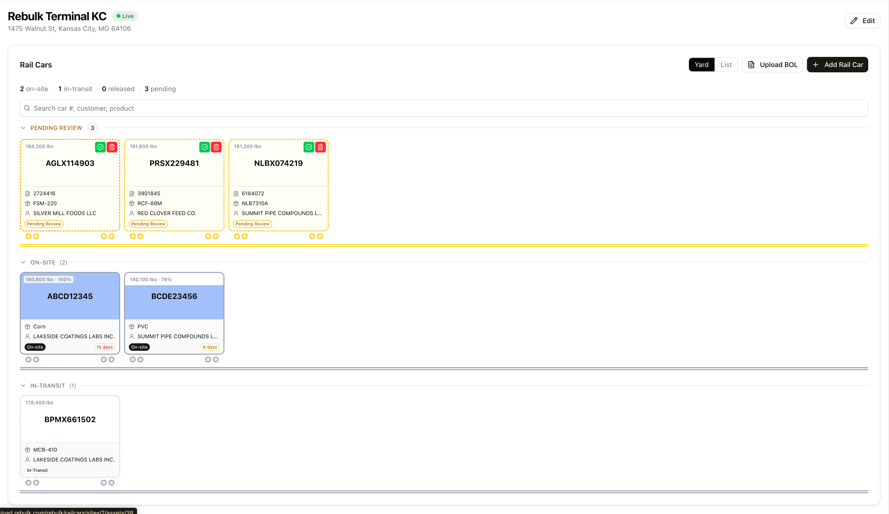 Rebulk live yard view dashboard showing every railcar and its status