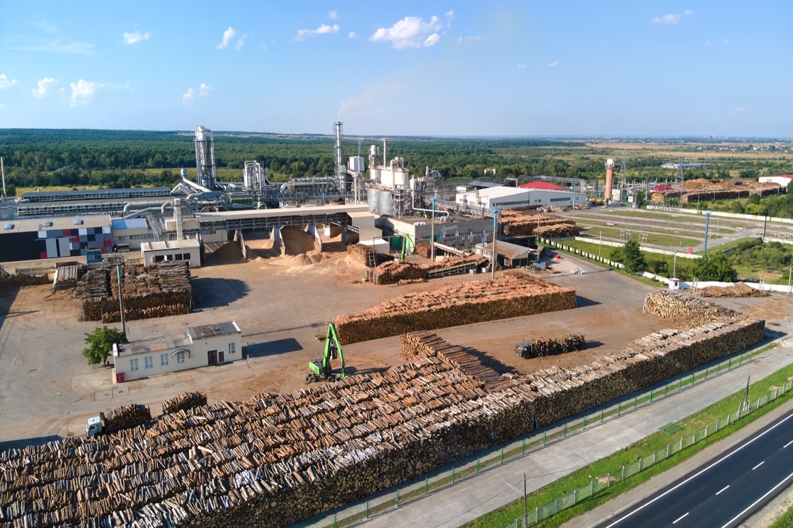 Aerial view of wood processing factory